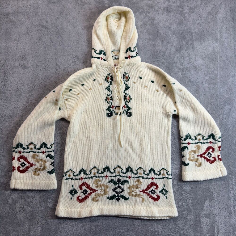 Montgomery Ward Sweater Womens Large White Hooded Needlepoint Pullover Vintage